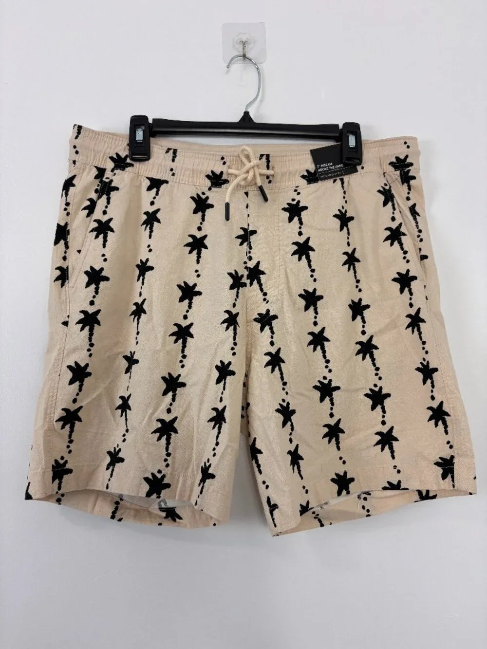 NWT Express Beige Black Palm Tree Linen Blend Drawstring Shorts Resort Size M